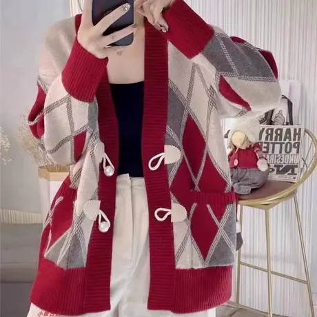 宽松慵懒风针织毛衣开衫外套女2023年新款春秋外搭设计感格子上衣图片