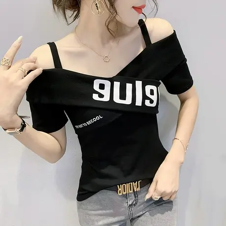 女装2024新款潮性感露肩T恤女短袖夏小心机气质上衣显瘦吊带小衫商品大图