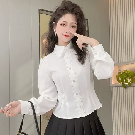 娃娃领春季新款收腰立体泡泡袖白衬衣甜美修身短款纯色花边衬衫图片