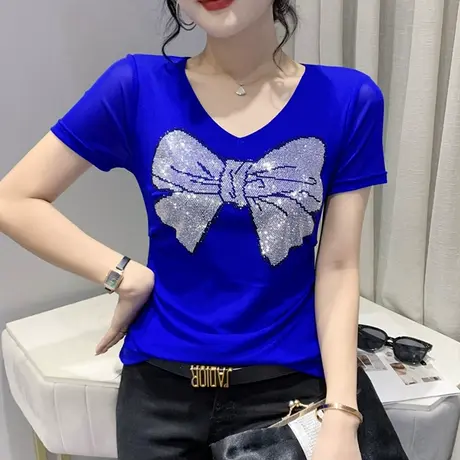 欧货性感V领T恤女短袖2024夏新款洋气网纱小衫气质百搭上衣设计感图片