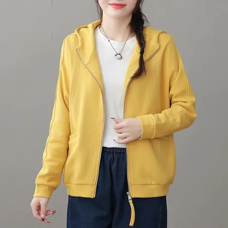 dza 纯色全棉连帽拉链外套女士2023春季短款运动上衣宽松休闲长袖商品大图