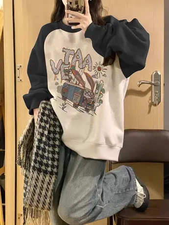 秋冬插肩袖卫衣女2023新款爆款圆领撞色oversize设计感小众上衣潮图片