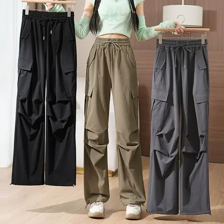 工装裤女秋季2023新款松紧腰宽松直筒休闲裤美式运动裤束脚阔腿裤商品大图