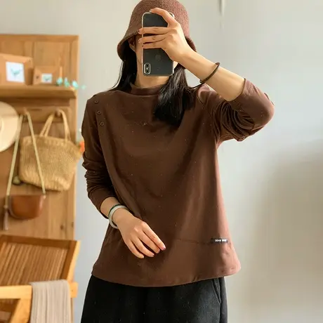 dza文艺复古半高圆领双面绒长袖上衣女秋冬内搭T恤宽松纽扣打底衫商品大图