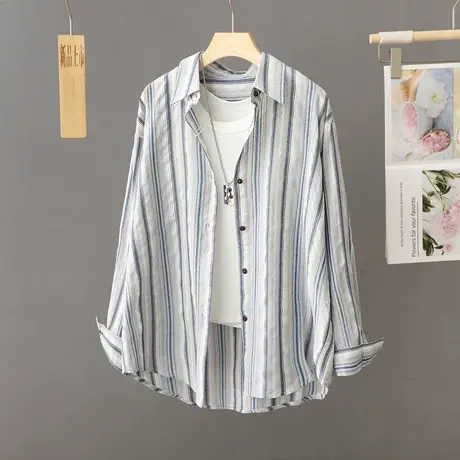 法式条纹衬衫女士开衫春秋季设计感小众休闲衬衣罩衫外套长袖上衣图片