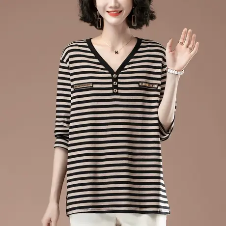 长袖t恤女春秋新款加肥加大码女装宽松中年妈妈v领条纹显瘦打底衫商品大图