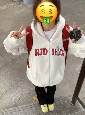 美式复古oversize潮牌卫衣女2023春秋薄款上衣慵懒风连帽开衫外套商品大图