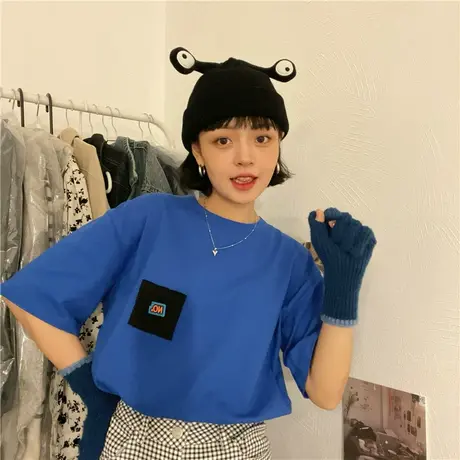 红续克莱因蓝短袖女做旧贴布小众设计感oversize宽松T恤学生上衣图片