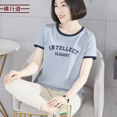 圆领字母印花撞色宽松短袖2023新款夏装简约外穿半袖休闲女装T恤商品大图