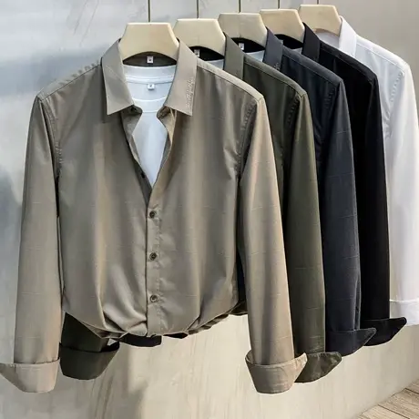 衬衫男长袖春秋薄款商务休闲暗格纹衬衣高端正装免烫寸衫2023新款商品大图