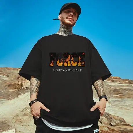 高街潮牌宽松T恤简约短袖男加肥加大五分袖纯棉肥佬大码男装夏季图片