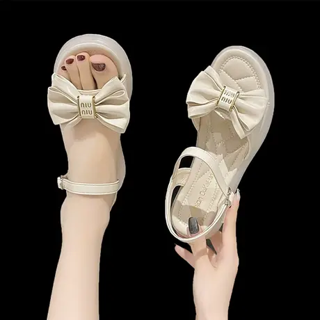 凉鞋女2023年新款夏季平底运动仙女风一字带女士外穿蝴蝶结沙滩鞋商品大图