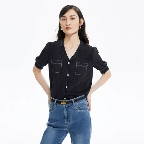LANCY/朗姿商场同款针织衫短袖V领通勤夏新款通勤外穿T恤女奥莱图片