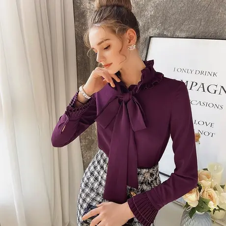 粉红大布娃娃长袖上衣打底女2021新款荷叶边系带衬衫复古港味衬衣商品大图