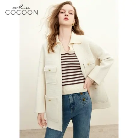 missCOCOON宽松圆领绵羊毛外套2023冬季新女横纹肌理感毛呢大衣商品大图