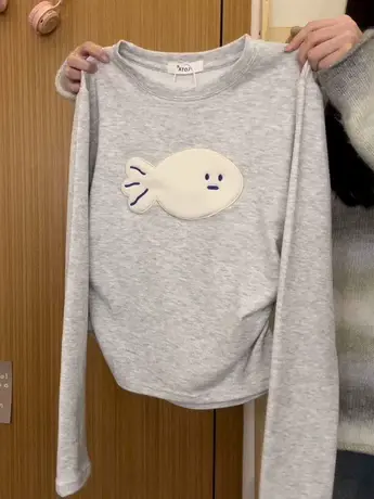 红续植绒小鱼正肩加绒长袖T恤女减龄学院风收腰内搭上衣秋冬新款商品大图