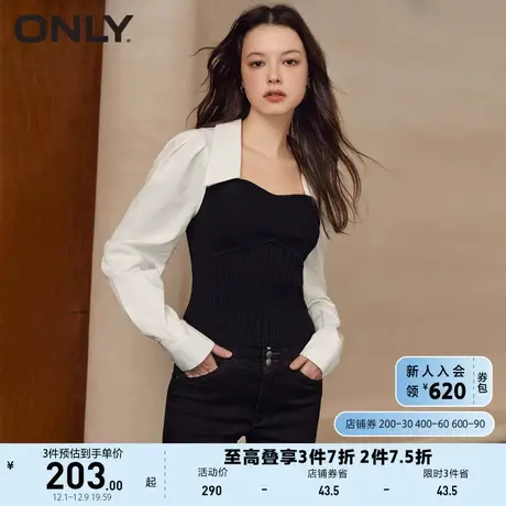 ONLY奥莱2023夏季新款休闲时尚方领拼接泡泡袖雪纺衫女商品大图