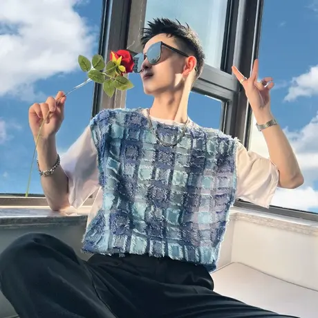 2023夏季新款短袖打底衫男休闲简约拼接时尚潮流ins体恤日系上衣商品大图