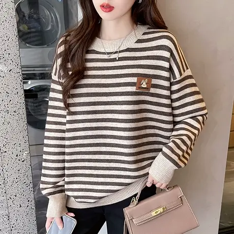 减龄条纹圆领套头针织衫毛衣学生洋气休闲打底衫秋冬新款保暖上衣商品大图