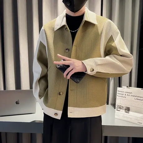 秋季夹克外套男装上衣工装翻领撞色高级感设计潮流休闲华夫格秋装商品大图