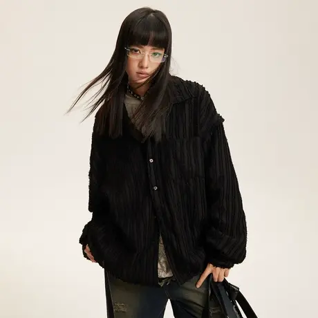 新中式潮牌复古黑色衬衫女春秋2024新款设计感oversize小众衬衣商品大图