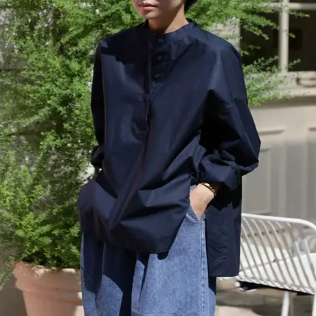 春秋新款长袖纯棉衬衫女中长款韩版宽松大码休闲立领前短后长衬衣商品大图