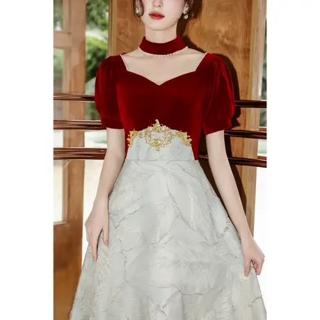 法式敬酒服2023新款新娘酒红色订婚礼服女夏季高级感高端轻奢小众商品大图