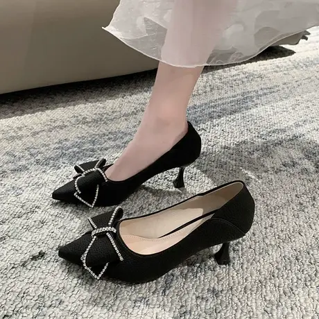 法式单鞋女春秋季2024新款一脚蹬浅口单鞋蝴蝶结水钻高级感高跟鞋商品大图