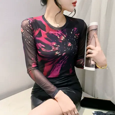欧货女装2024新款T恤女休闲长袖网纱定位印花时尚修身上衣打底衫商品大图