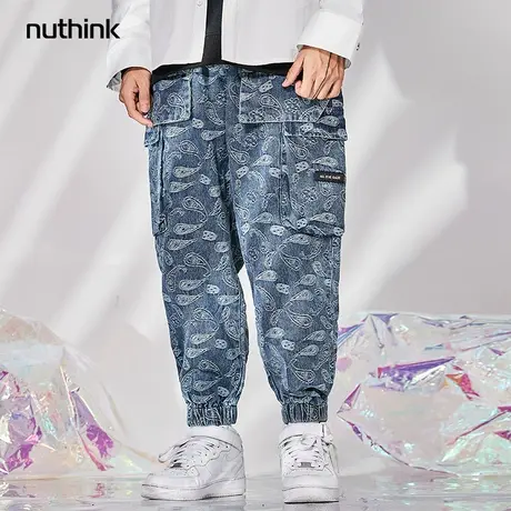 国潮ins宽松束脚牛仔裤男春季潮流嘻哈日系潮牌高街多口袋裤子潮图片