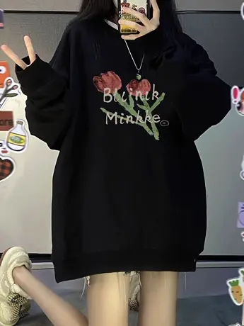 郁金香印花无帽卫衣女春秋小个子宽松大码慵懒风学生复古美式上衣商品大图