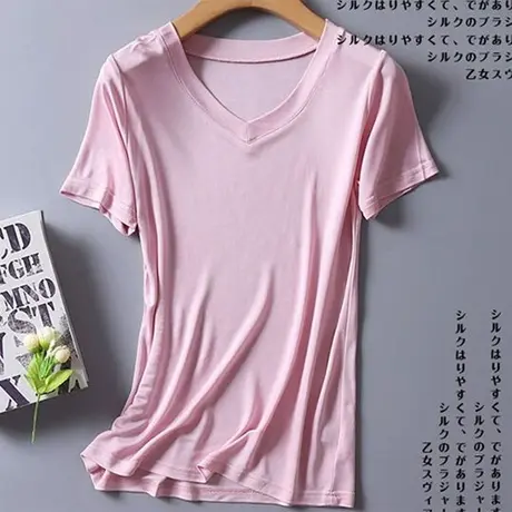 享永子【一穿就爱】真丝16针V领纯色桑蚕丝T恤短袖上衣春夏新款图片