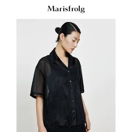 【重工刺绣】玛丝菲尔2023年夏季新款黑色轻薄款蝴蝶辫绣衬衫上衣图片
