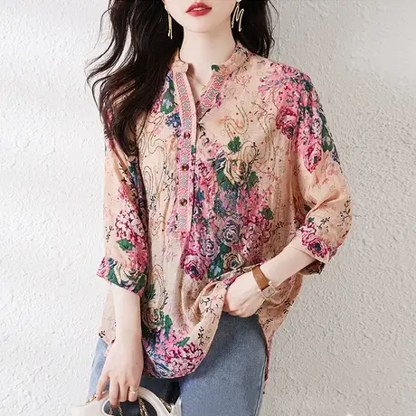 七分袖上衣女夏季宽松加大码女装中年妈妈休闲遮肚印花v领衬衣衫商品大图