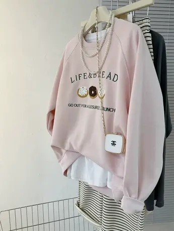 春季新款甜甜圈贴布刺绣简约洋气上衣女韩系CHIC薄款INS圆领卫衣商品大图