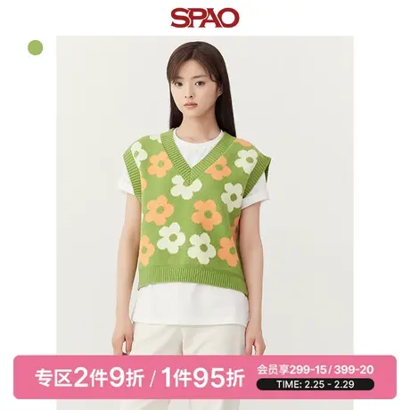SPAO女士马甲春季新款V领撞色花朵短款针织背心SPKVD11S20商品大图