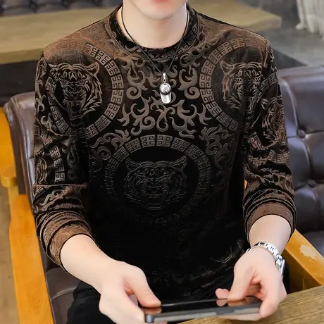 男士金丝绒长袖T恤圆领秋冬季体恤潮流时尚无帽卫衣内搭打底小衫商品大图