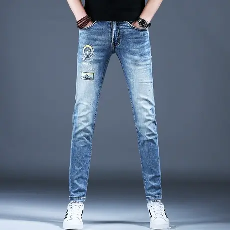 2024新款男士浅色牛仔裤子男款时尚修身烫钻小脚休闲男裤高端潮牌图片