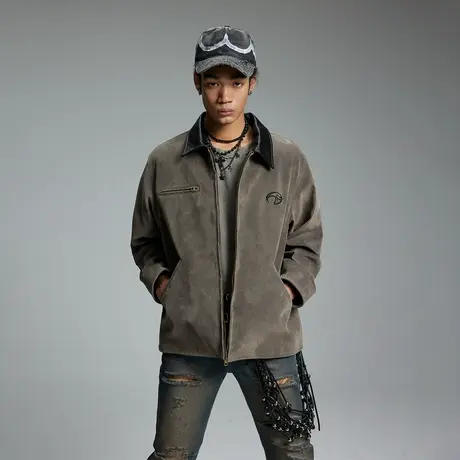 潮牌拼接绒面夹克男士春秋季2024新款复古街头百搭宽松情侣装外套图片