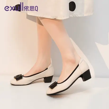 exull/依思Q秋季新款复古简约圆头浅口女单鞋粗跟通勤鞋女鞋商品大图