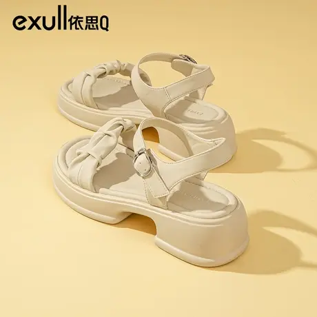 依思q仙女风配裙子凉鞋女2024年新款夏季一字厚底褶皱粗跟罗马鞋商品大图