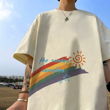 纯棉彩虹印花薄款短袖T恤男夏季ins潮流宽松情侣款简约休闲半袖衫商品大图