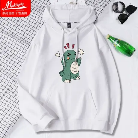 白色卡通学生卫衣男连帽春秋款ins恐龙潮流宽松上衣长袖外穿薄款图片