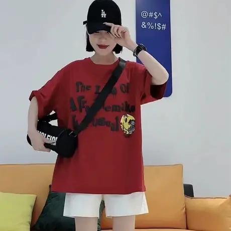 2022新款字母印花女夏季短袖t恤中长款洋气宽松大码半袖大版上衣图片