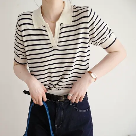 专享2023短袖外搭女夏季时尚条纹针织衫薄款法式慵懒polo衫上衣商品大图