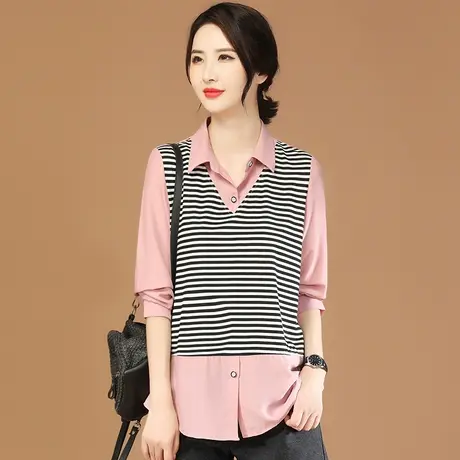 韩潮袭人拼接假两件条纹长袖衬衣2023秋季新款女士衬衫上衣设计感商品大图