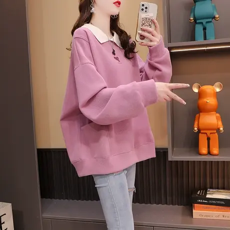 宽松设计感POLO领卫衣女2023年新款秋冬爆款时尚洋气加绒加厚上衣图片