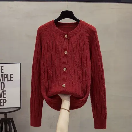 复古圆领针织开衫女2023秋冬新款宽松外穿上衣加厚小香风毛衣外套图片