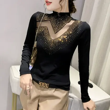 磨毛加厚打底衫女春秋性感镂空长袖T恤网纱拼接小衫洋气百搭上衣商品大图