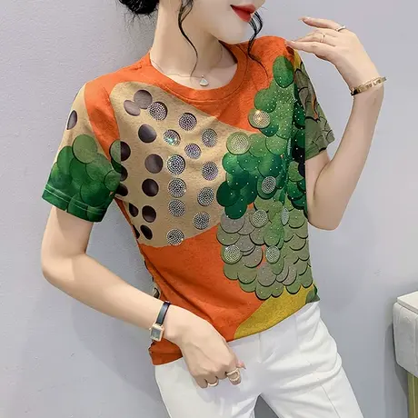 女装2023新款潮网红t恤设计感时尚印花烫钻短袖上衣显瘦薄款小衫商品大图